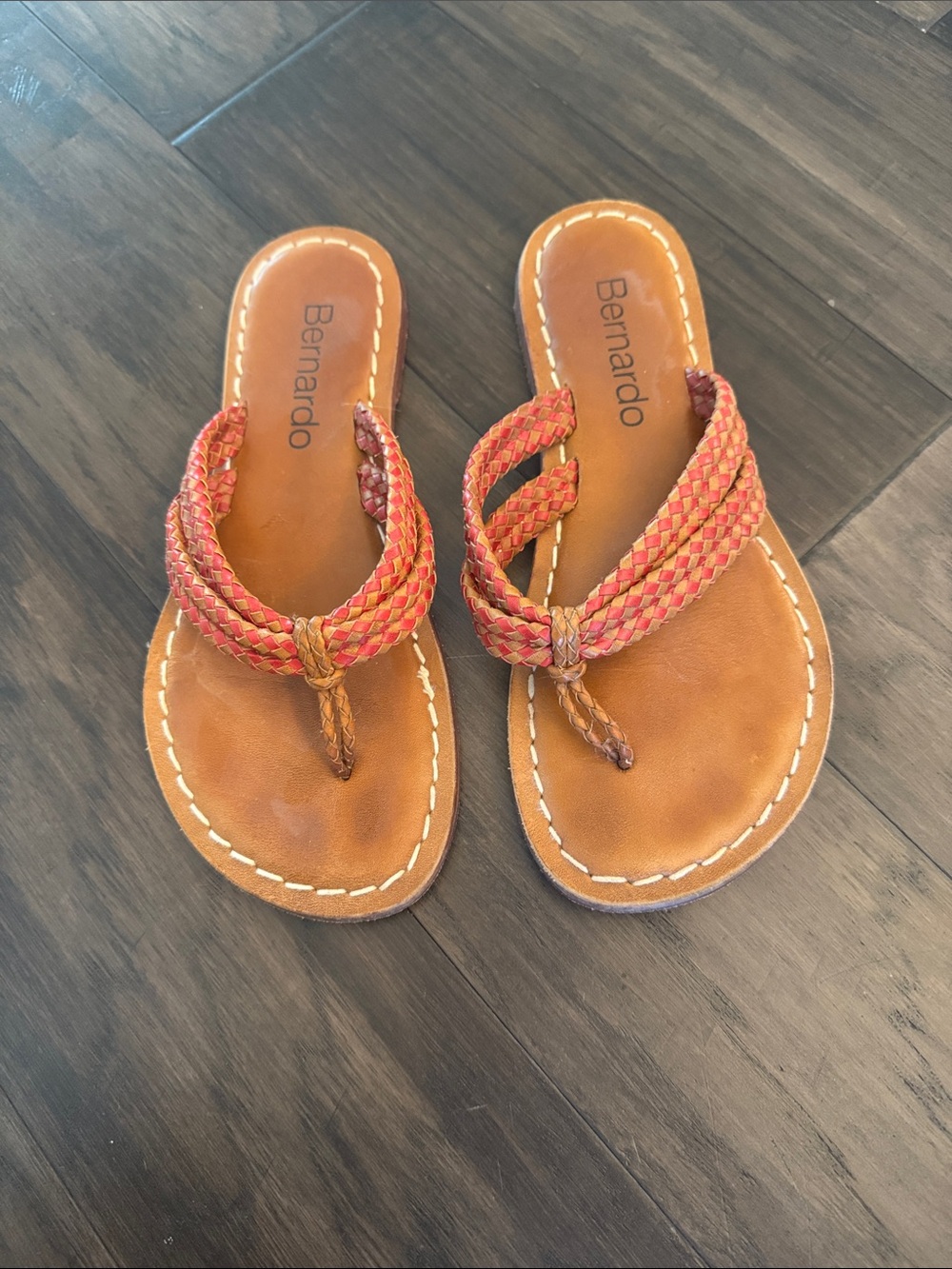 Bernardo Braided Thong Sandals in Red and Tan